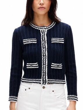Crochet Lady Jacket Cardigan Navy Ivory Cotton Pointelle Sweater M